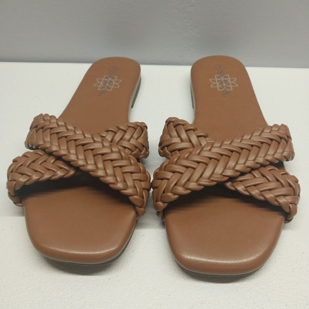 Serra Womens Braided Slide Sandals Size 7 Cognac Brown Woven Square Toe